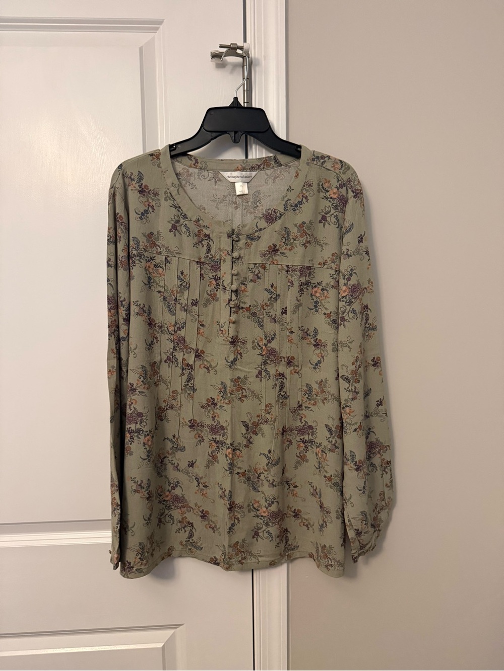 Christopher & Banks Sage Green Floral Pintuck Blouse